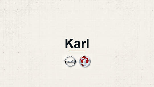 Vauxhall Karl model name with Vauxhall logo on a pale technical background