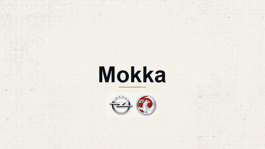 Vauxhall Mokka model name with Vauxhall logo on a pale technical background