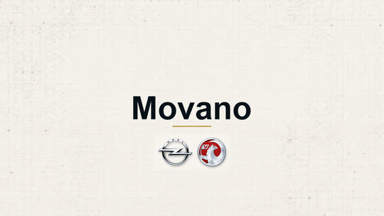 Vauxhall Movano model name with Vauxhall logo on a pale technical background