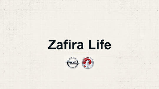 Vauxhall Zafira Life model name with Vauxhall logo on a pale technical background
