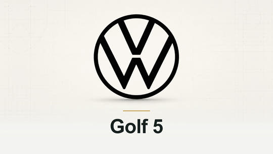 Volkswagen logo and Golf 5 model name on a pale technical background