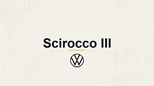 Volkswagen Scirocco III model name with Volkswagen logo on a pale technical background