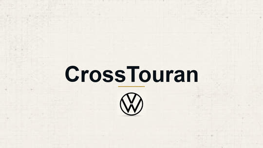 Volkswagen CrossTouran model name with Volkswagen logo on a pale technical background