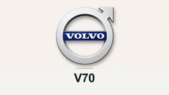 Volvo logo and V70 model name on a pale technical background