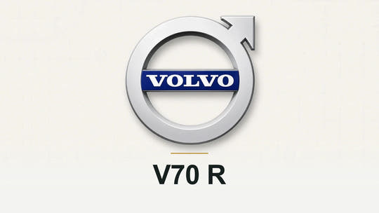 Volvo logo and V70 R model name on a pale technical background