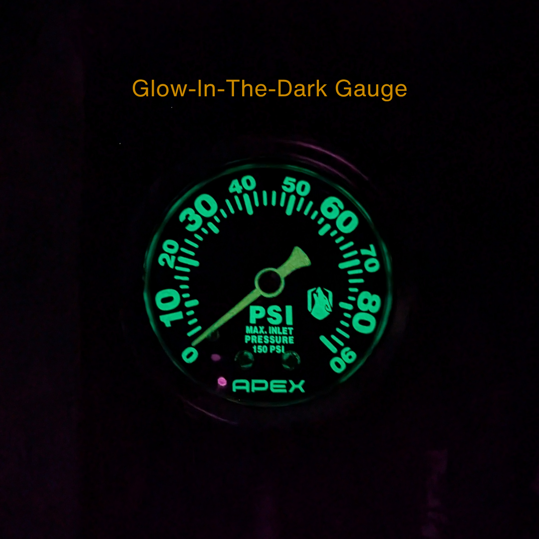 Glow-in-the-dark gauge face on the APEX composite tyre inflator