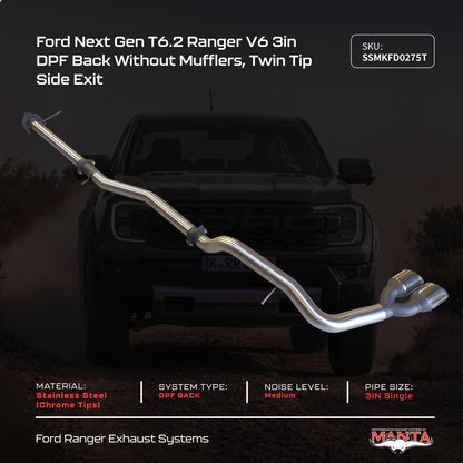 Manta Ford Ranger Next Gen T6.2 V6 3.0L 2022+ Twin Side Tipped Exit Exhaust (with DPF) – DPF-Back Performance Exhaust System