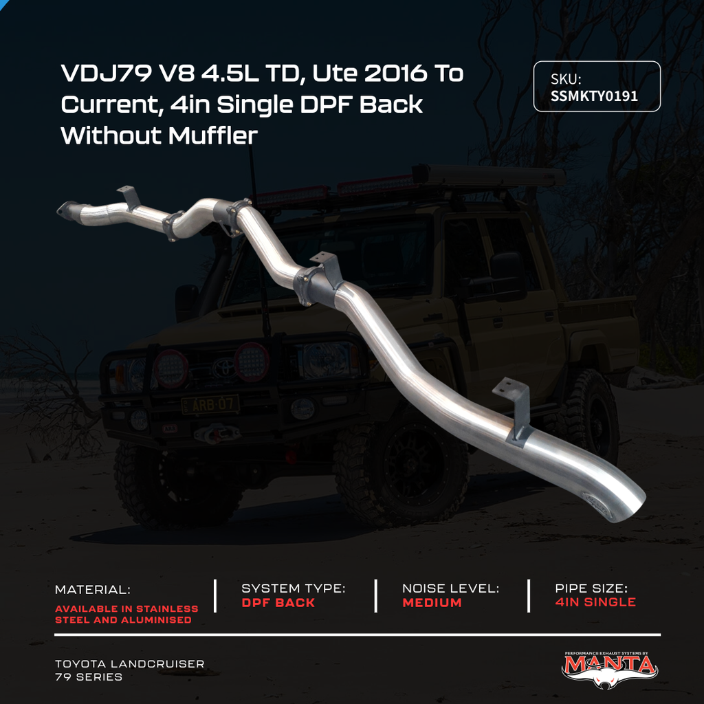 Automotive exhaust system with product details on a dark background