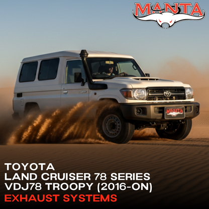 White Toyota Land Cruiser 78 Series driving on sand with Manta logo above.
