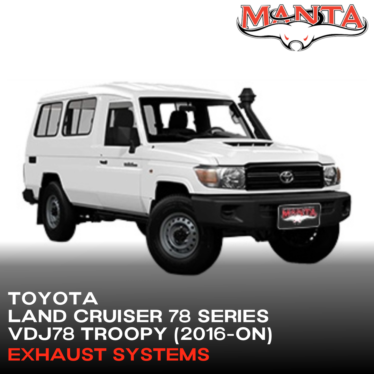 White Toyota Land Cruiser 78 Series with Manta logo on a white background
