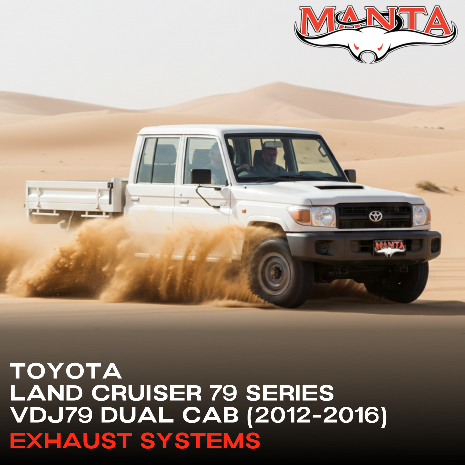 Toyota Land Cruiser 79 Series driving through sand with Manta logo above