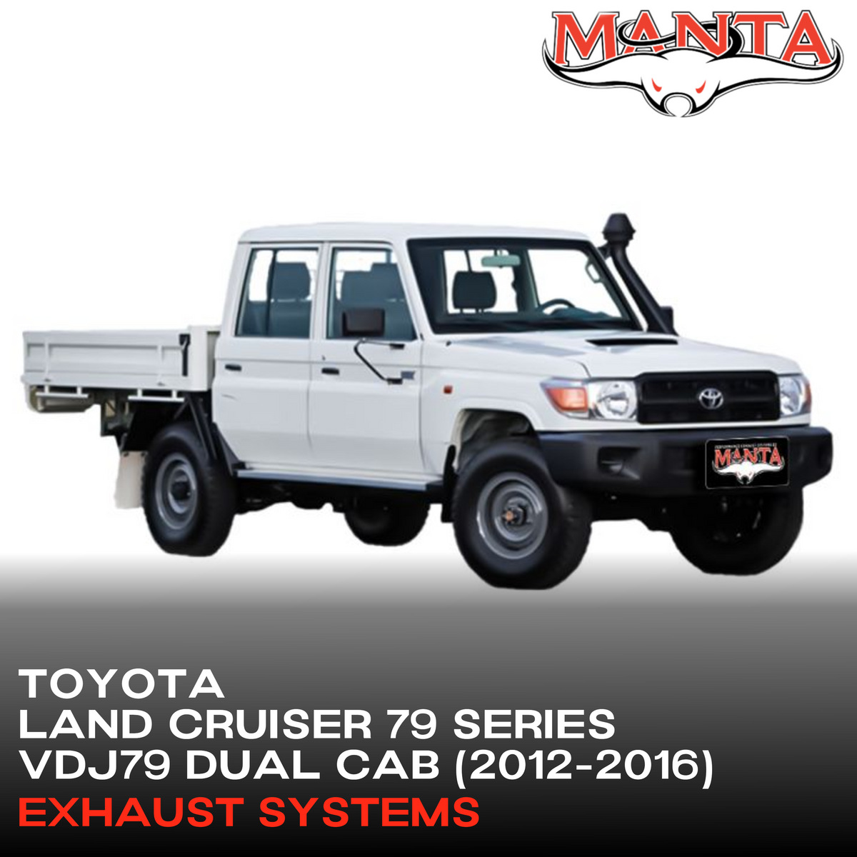 White Toyota Land Cruiser 79 Series with Manta logo on a white background