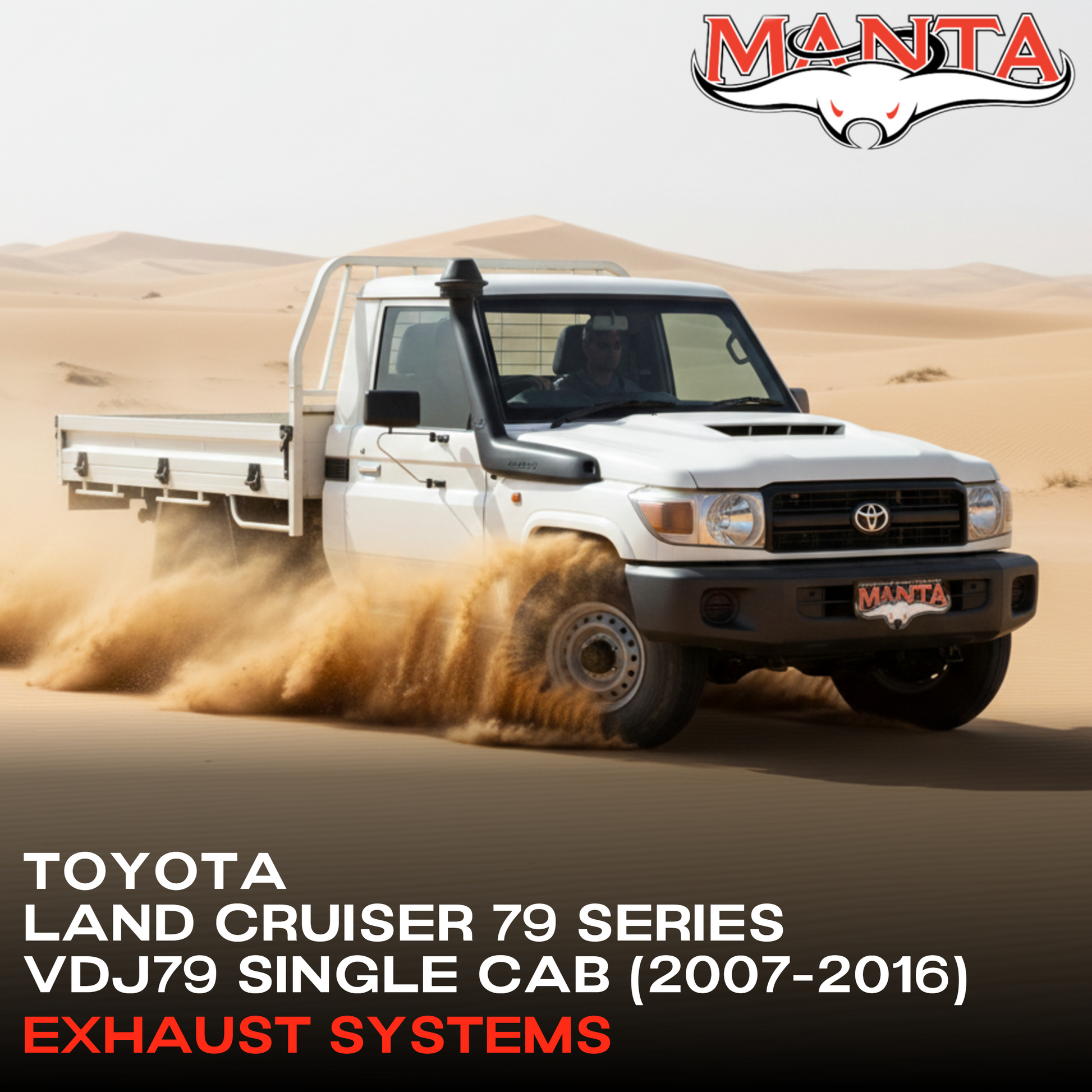 Toyota Land Cruiser 79 Series driving through sand with Manta logo above