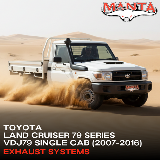 Toyota Land Cruiser 79 Series driving through sand with Manta logo above