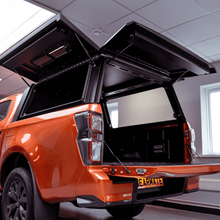 Gearmate Pro canopy gullwing side door open showing bed access