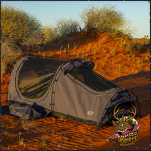 ARB SkyDome Single Swag Tent 3 pitched on outback sand at dusk