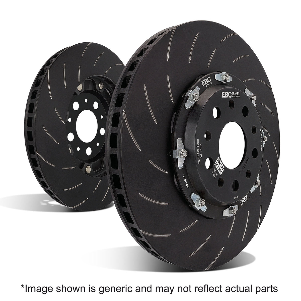 EBC Racing brake disc and pad package illustration. Image shown is generic and may not reflect actual parts.