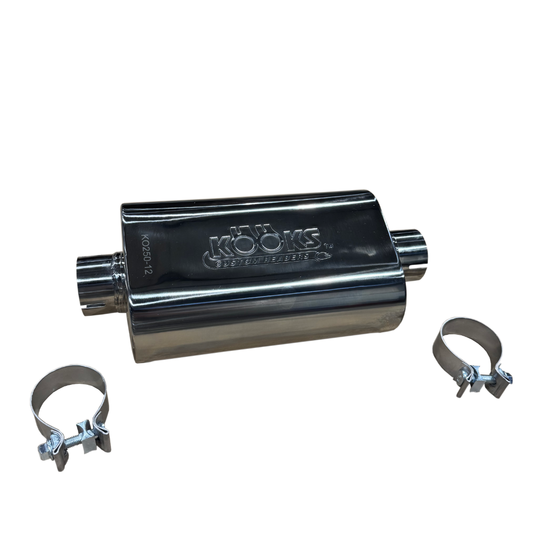 Kooks 2-1/2" Oval Clamp In Muffler 12" Long Body . Polished Stainless Steel.