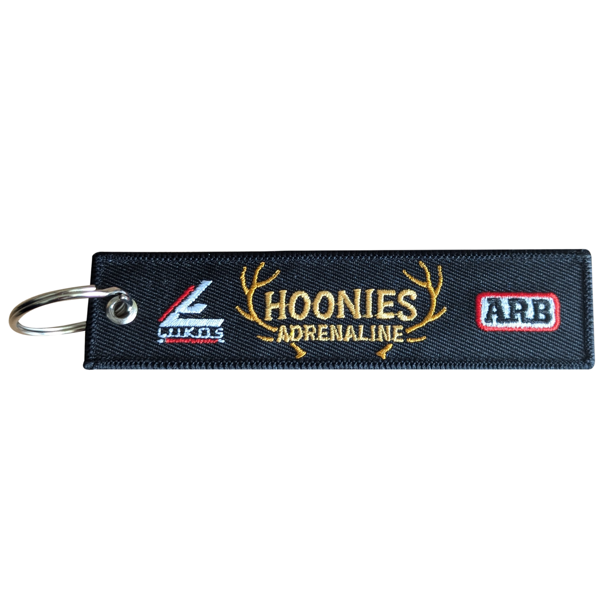 Hoonies Adrenaline Embroidered Keychain – Remove Before Flight Tag with Partner Logos