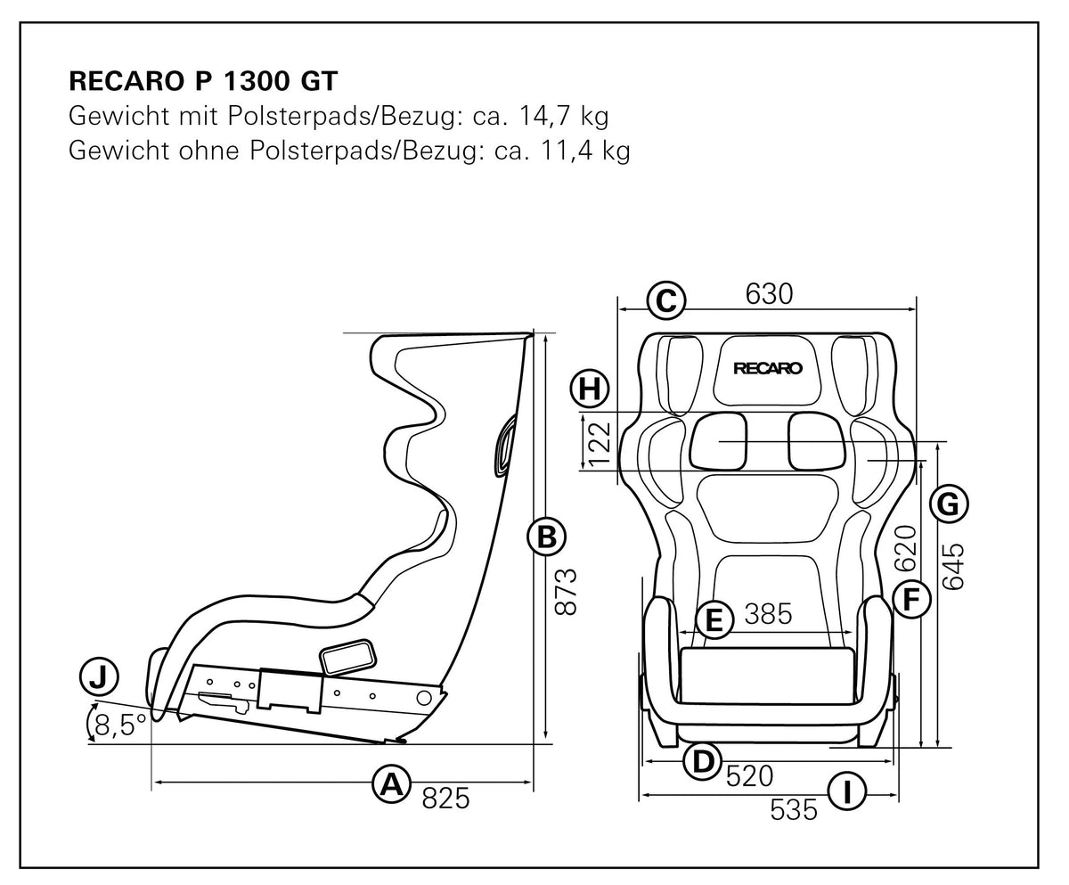 RECARO P 1300 GT LW race seat technical view