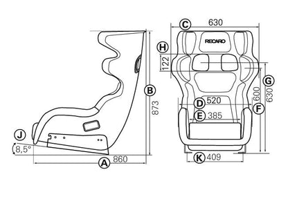 RECARO P 1300 GT LW race seat dimensions diagram