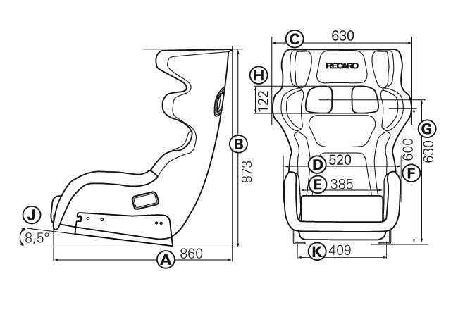 RECARO P 1300 GT LW race seat dimensions diagram