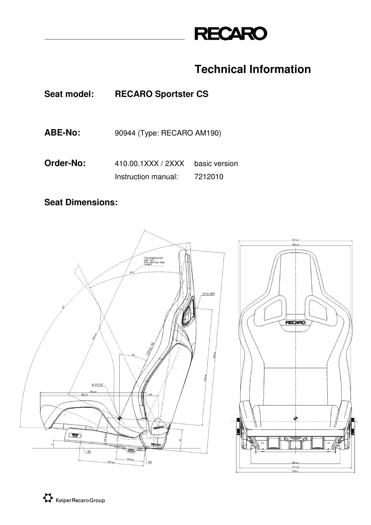 RECARO Sportster CS dimensions diagram