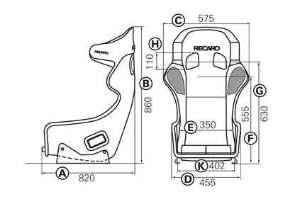 RECARO Pro Racer SP-G / SP-A race shell dimensions diagram