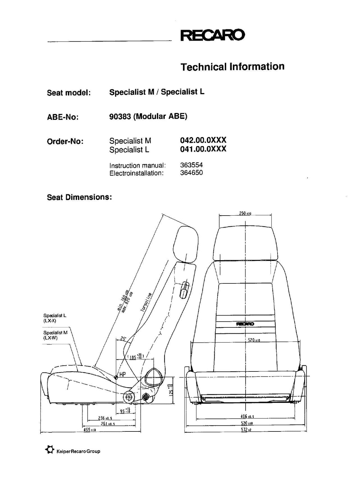 RECARO Specialist M / Specialist L dimensions diagram