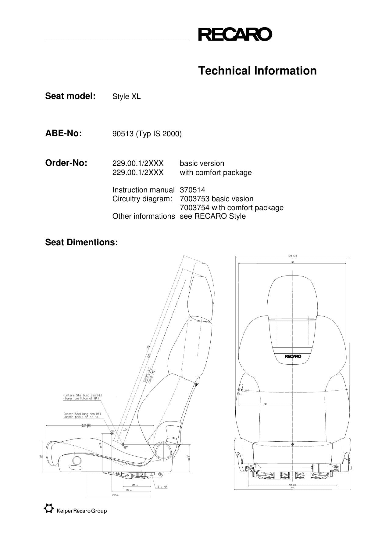RECARO Style XL dimensions diagram