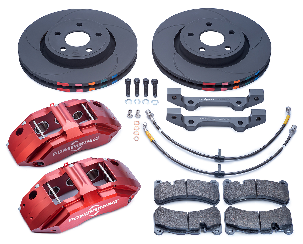 Powerbrake X-Line Stage 1 brake kit with red calipers - manufacturer's range illustration
